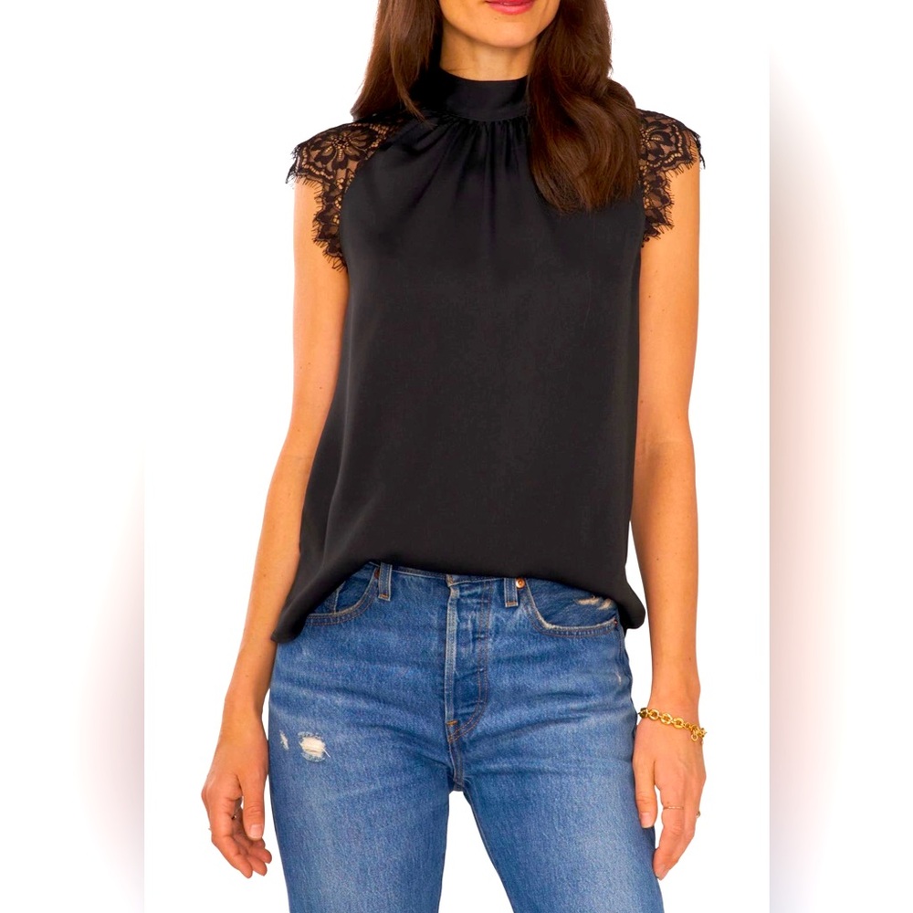 Vince Camuto Black Lace Cap Sleeve Blouse Size M Excellent Pre-owned Condition